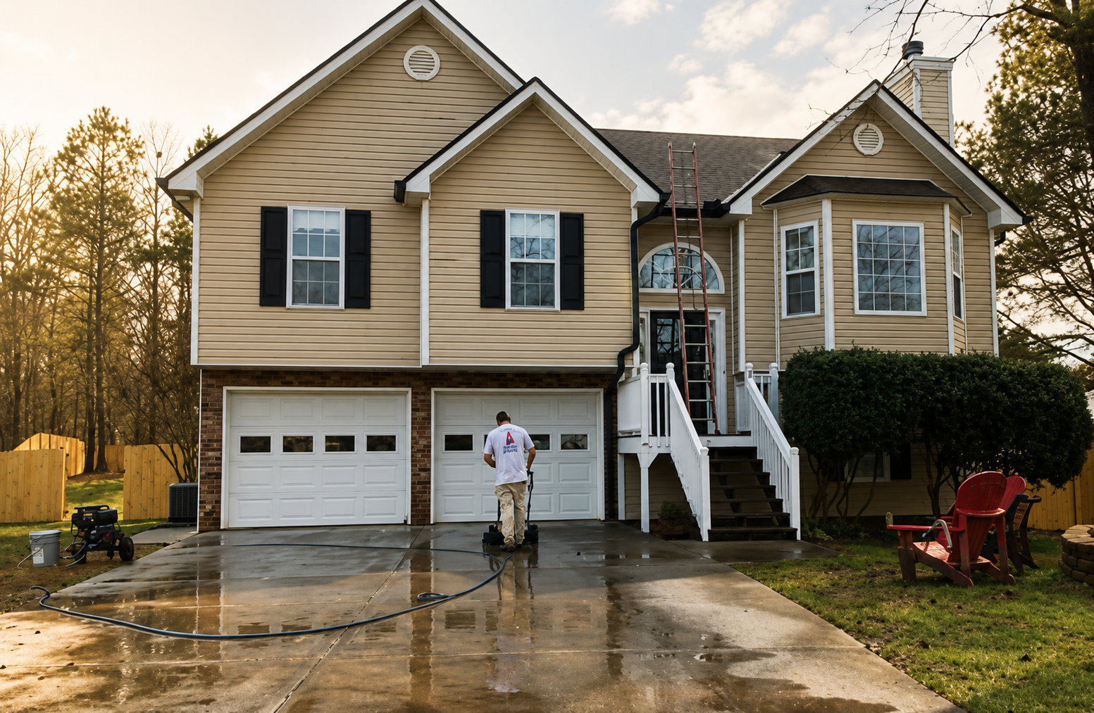 Worker pressure washing two-car driveway of two-story beige house with brick garage