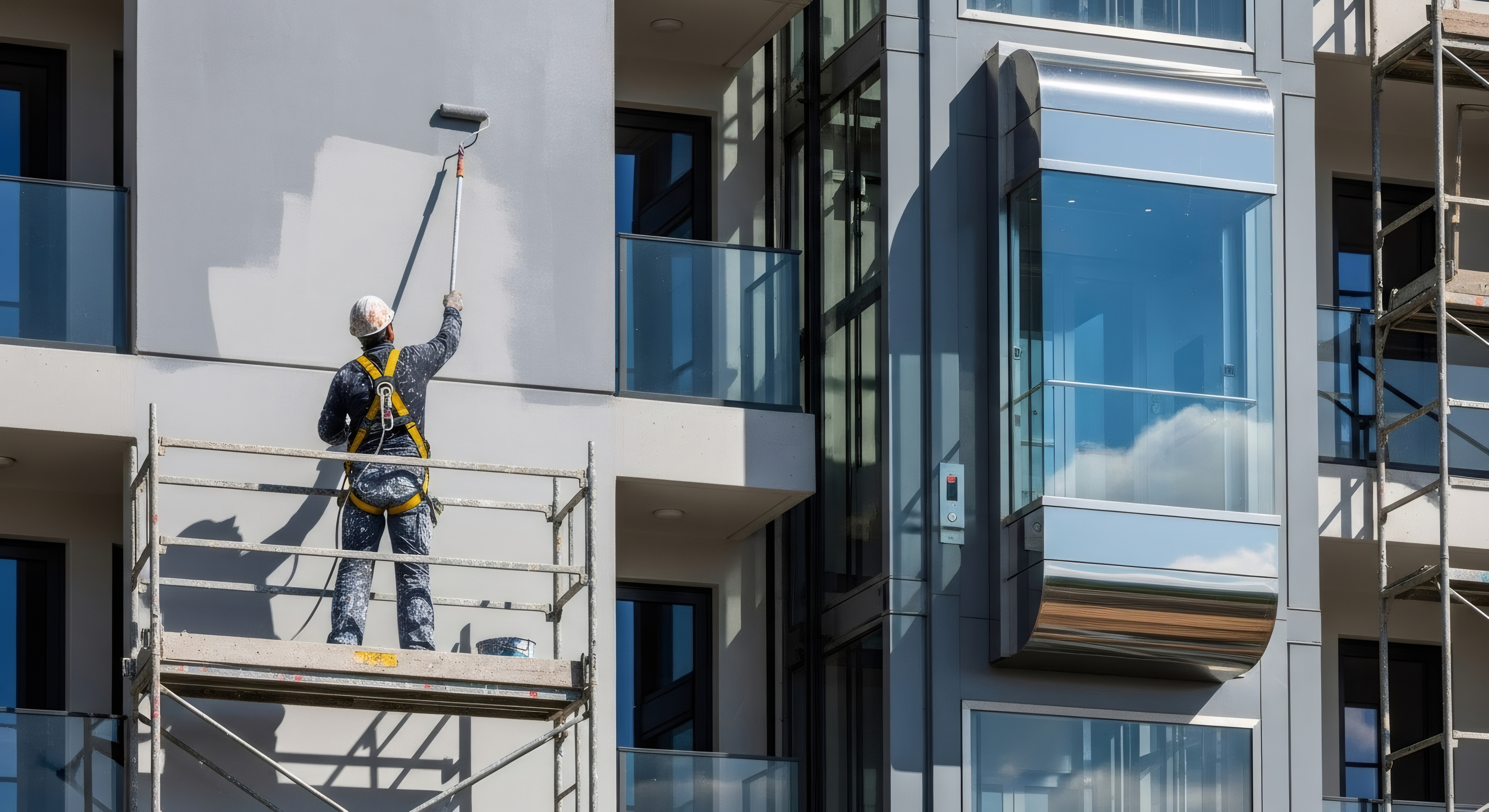 Worker on scaffolding with safety harness painting modern building facade