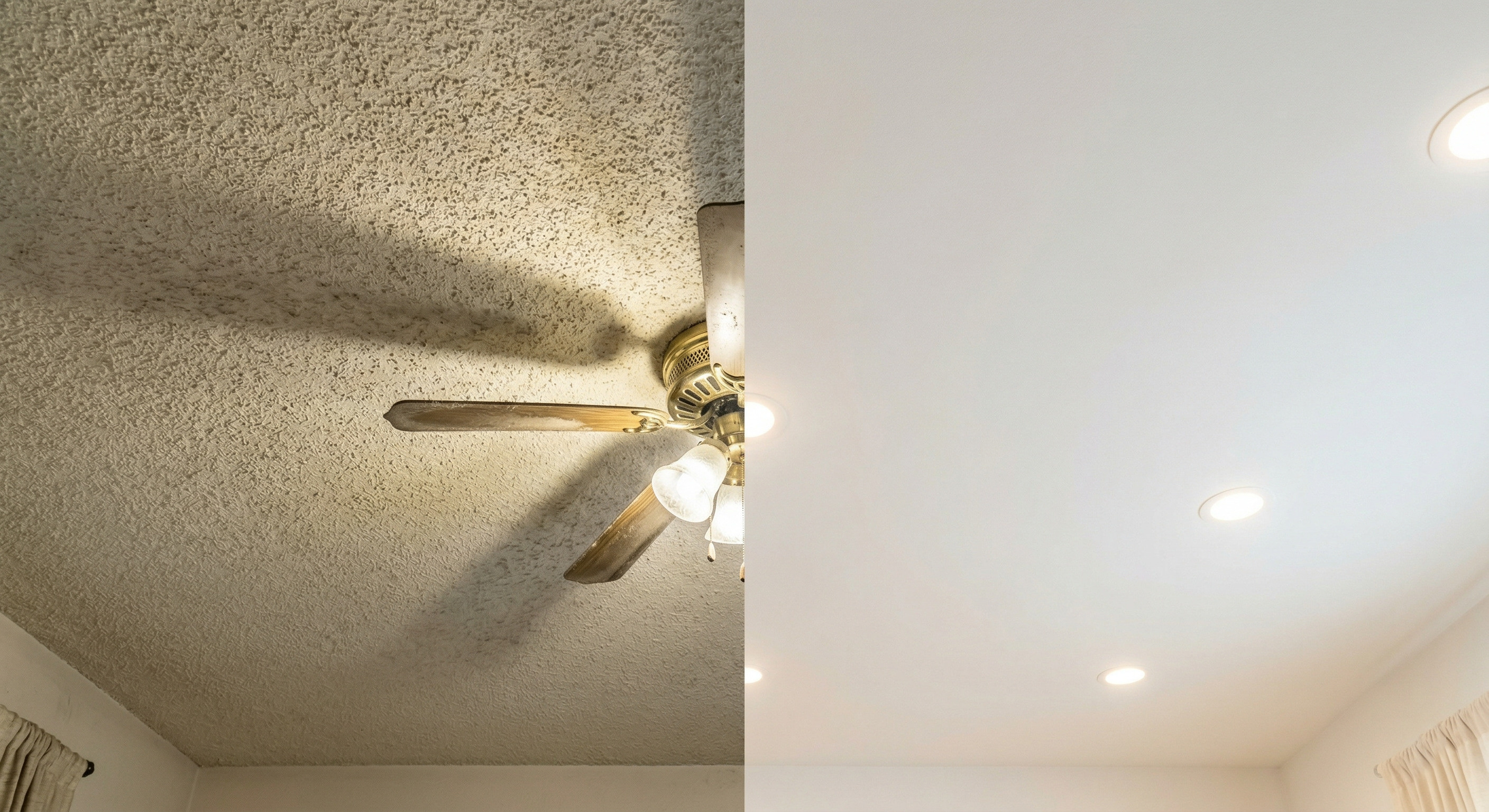 Popcorn ceiling before and after removal comparison showing textured and smooth finishes